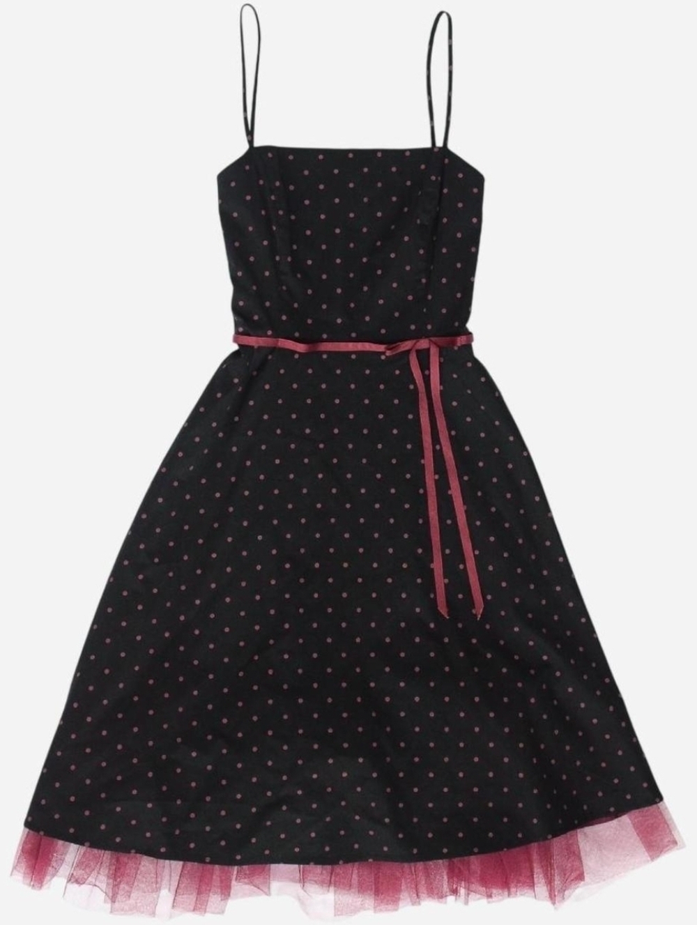 Vintage Y2K Polka Dot Bow Tulle Hem Dress Burgundy Black Sz 6 Dark Coquette 90s